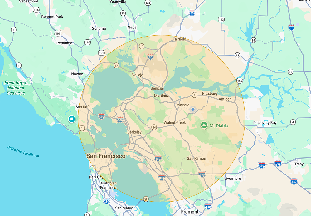 Map of Liora Senior Care's East Bay service area covering Contra Costa, Alameda, and Solano counties